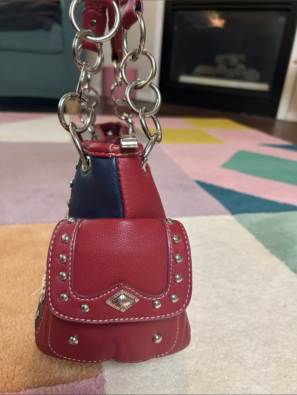 Montana West Red Faux Leather Americana Studded Tote Bag Patriotic Flag Design - Picture 9 of 17
